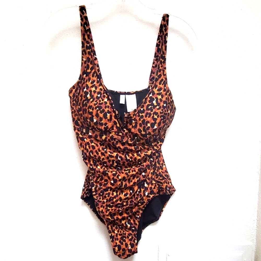 Anne Cole Leopard Shirred Sides One-Piece Swimsuit Size 14